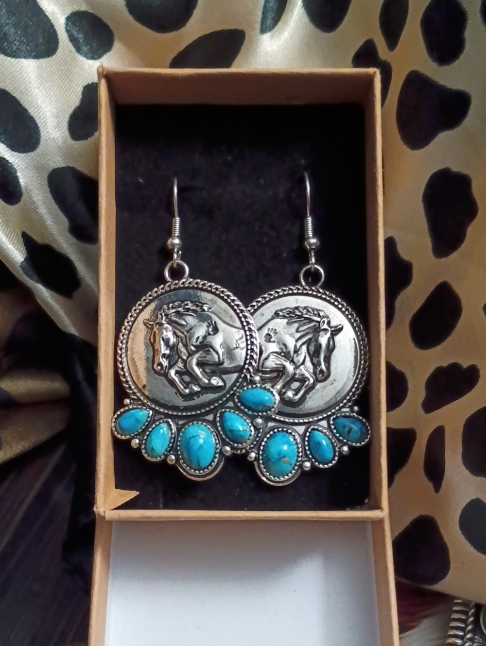 Turquoise Horse Medallion Dangle Earrings - Silver Tone